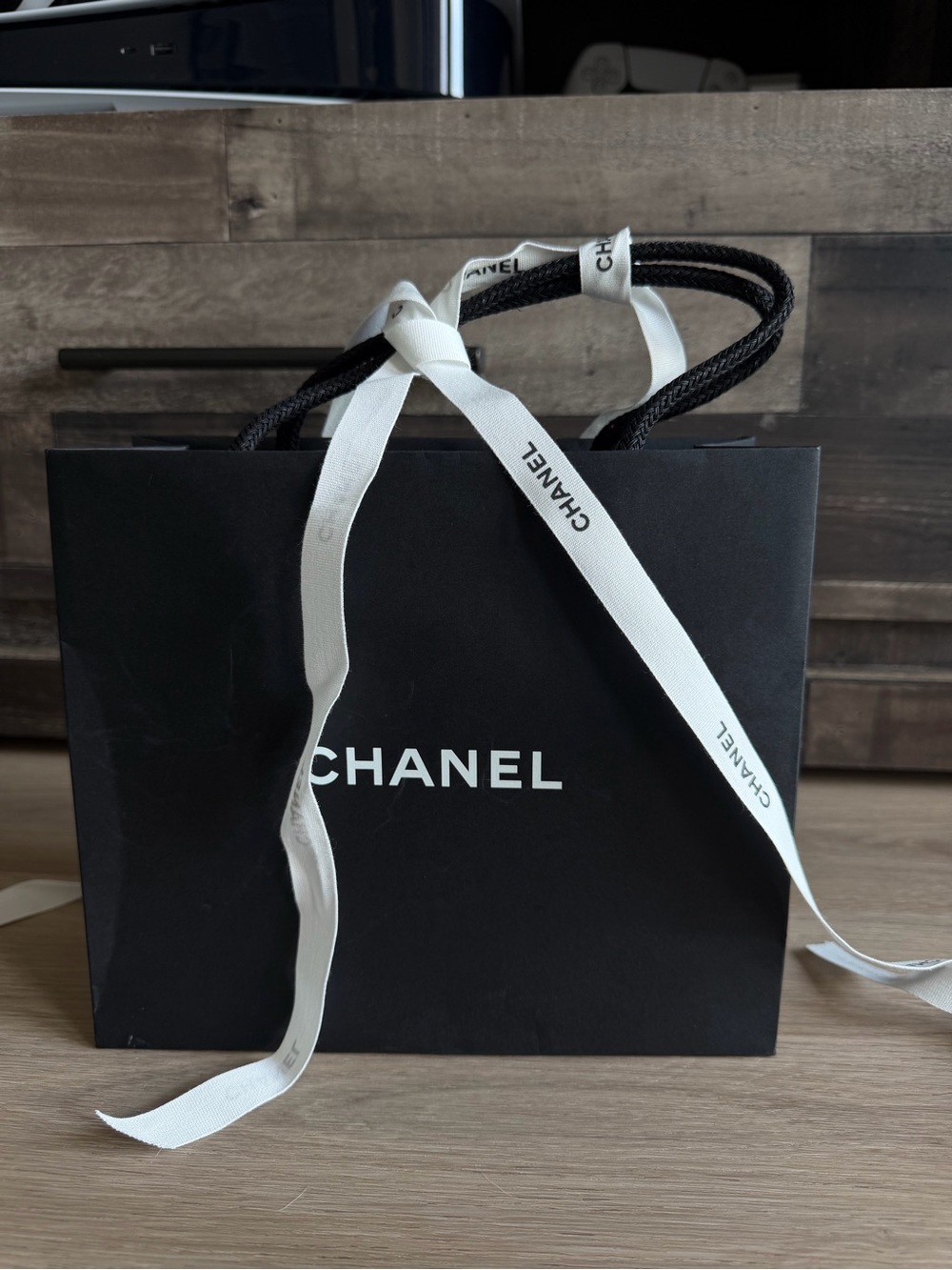 Chanel Shopping Bag with White Logo and Ribbon